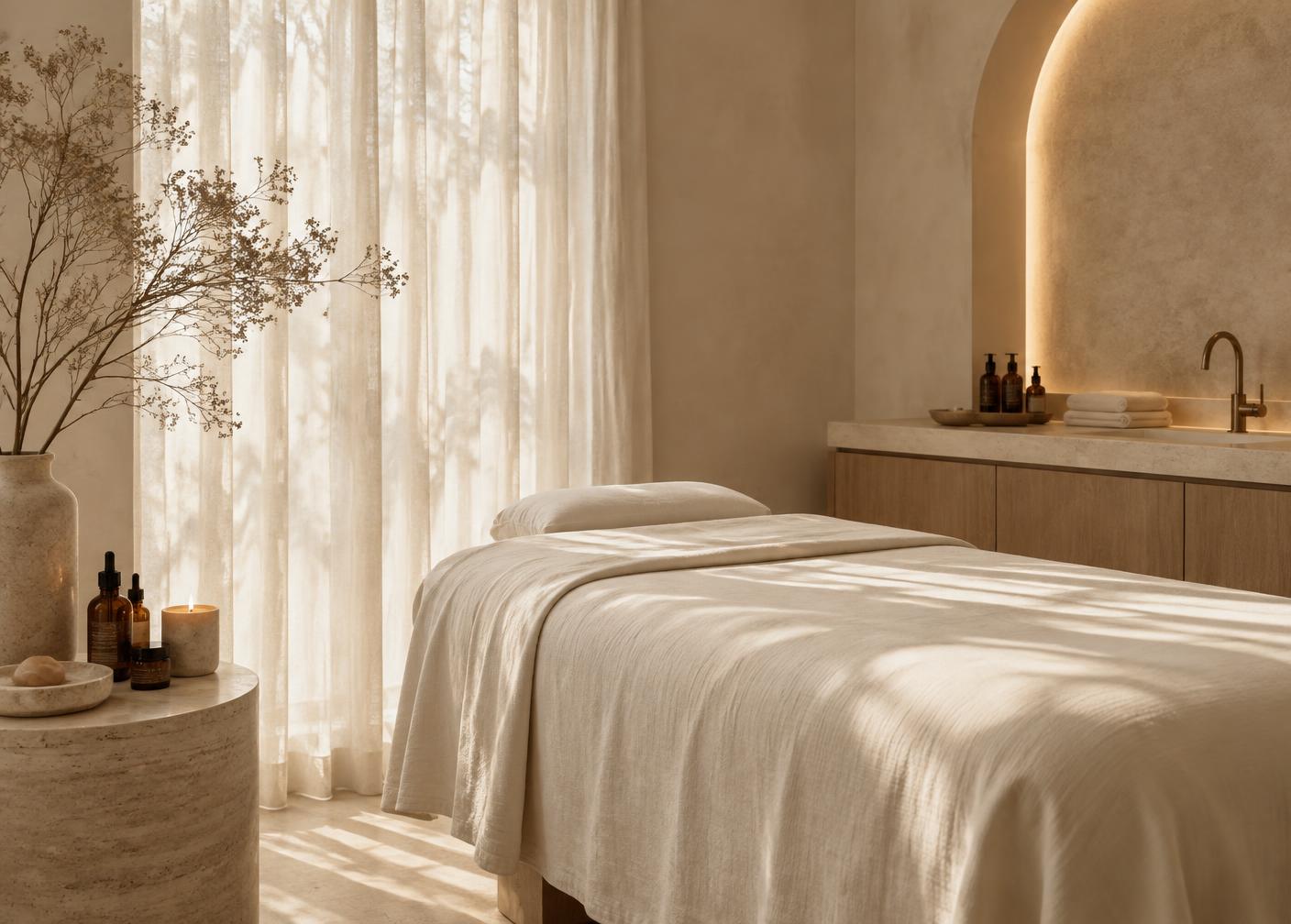Calm treatment space with cream linens and soft daylight
